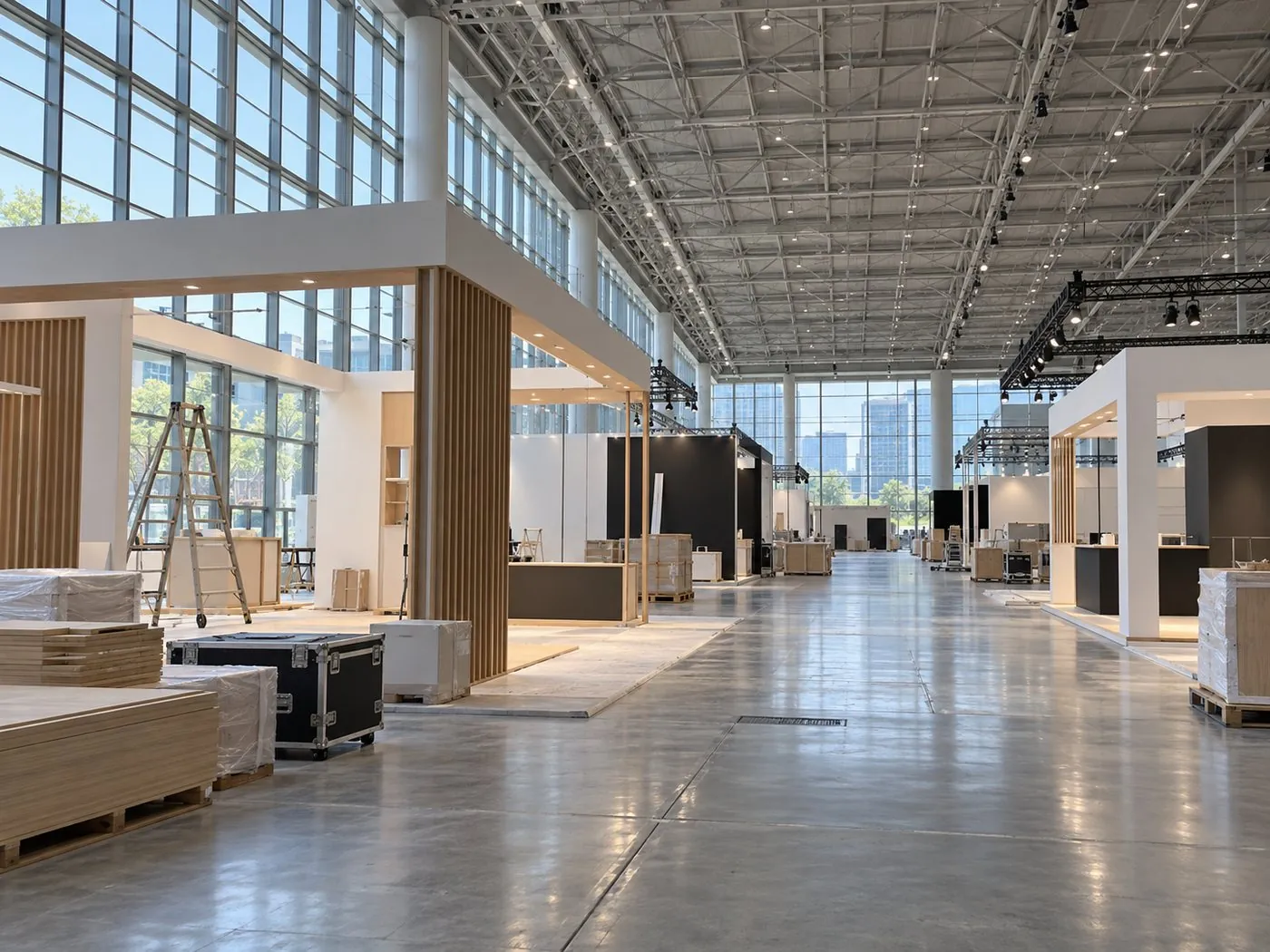 会展中心展厅布展现场：挑高钢结构屋顶与正在搭建的展位