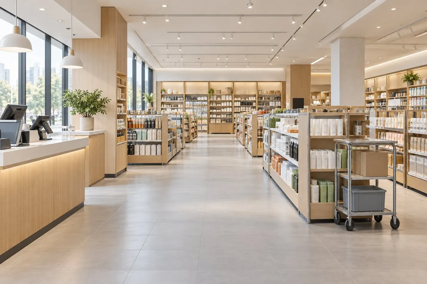 商业综合体内明亮整洁的零售门店：收银台与货架通道